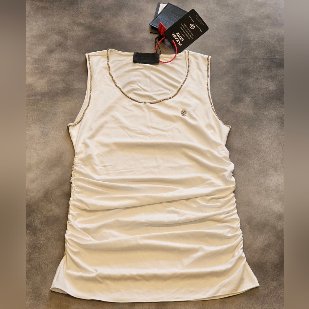 Philipp Plein (New With Tags) White Sleeveless Drapped Tank Top (Tag Size L)